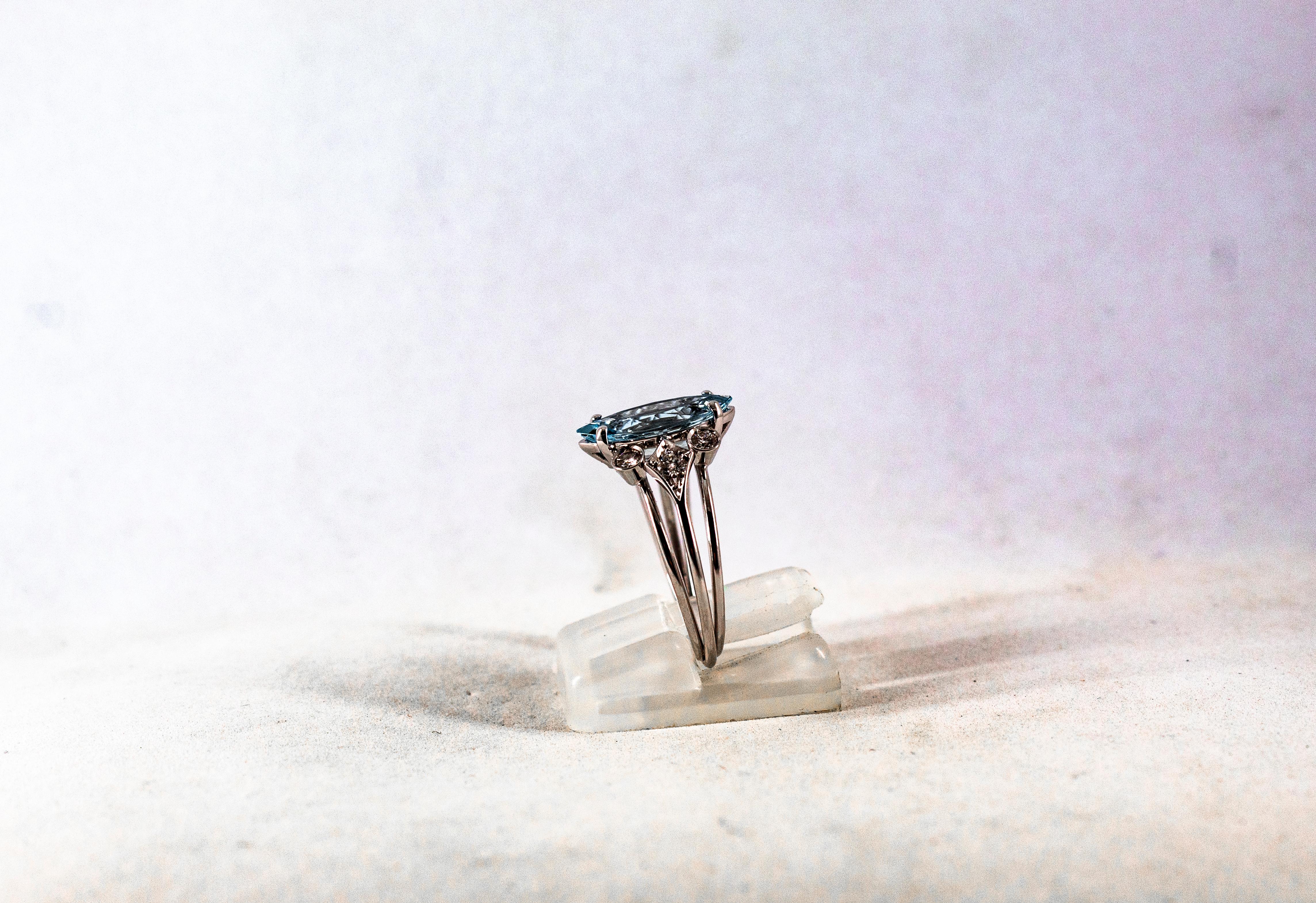 Art Deco Style Aquamarine White Brilliant Cut Diamond White Gold Cocktail Ring 2