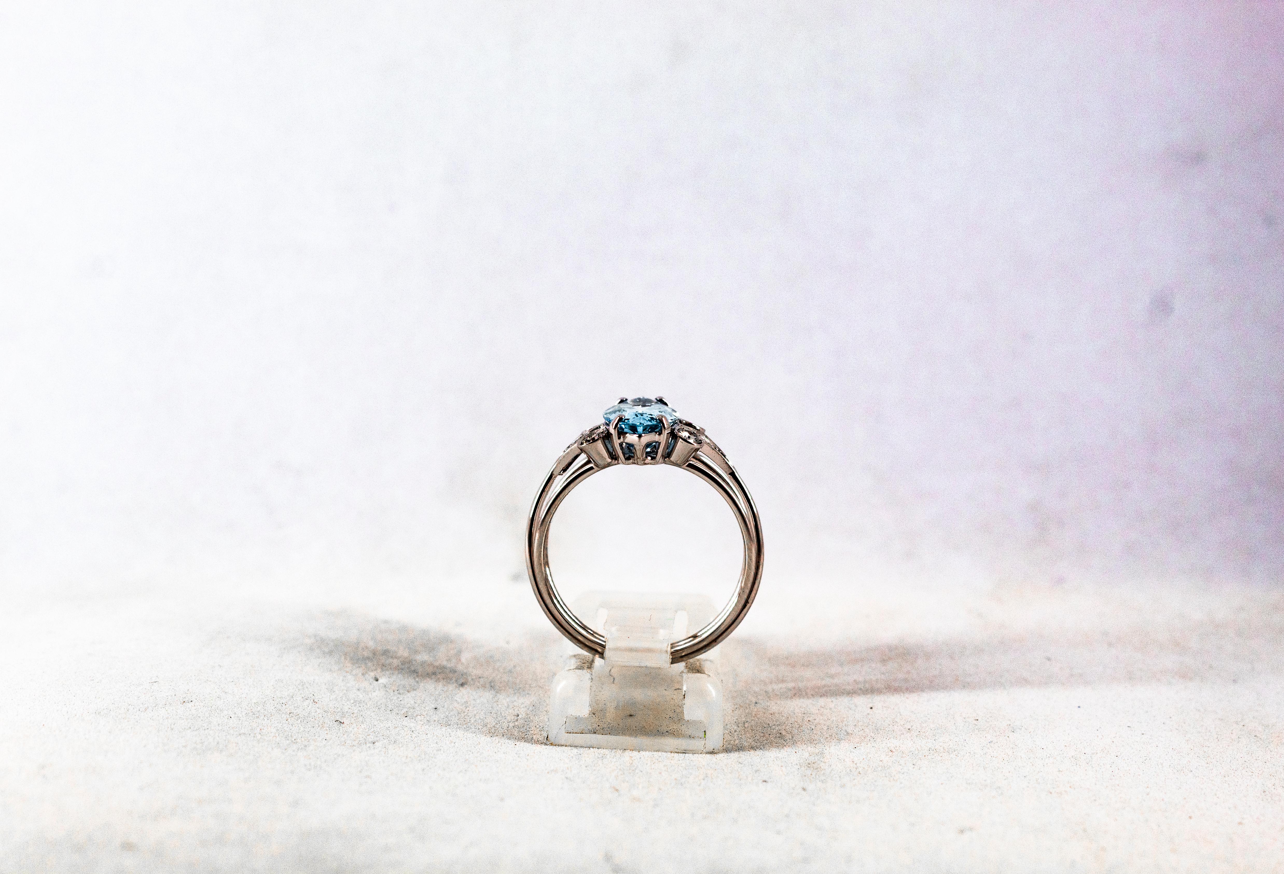 Art Deco Style Aquamarine White Brilliant Cut Diamond White Gold Cocktail Ring 3