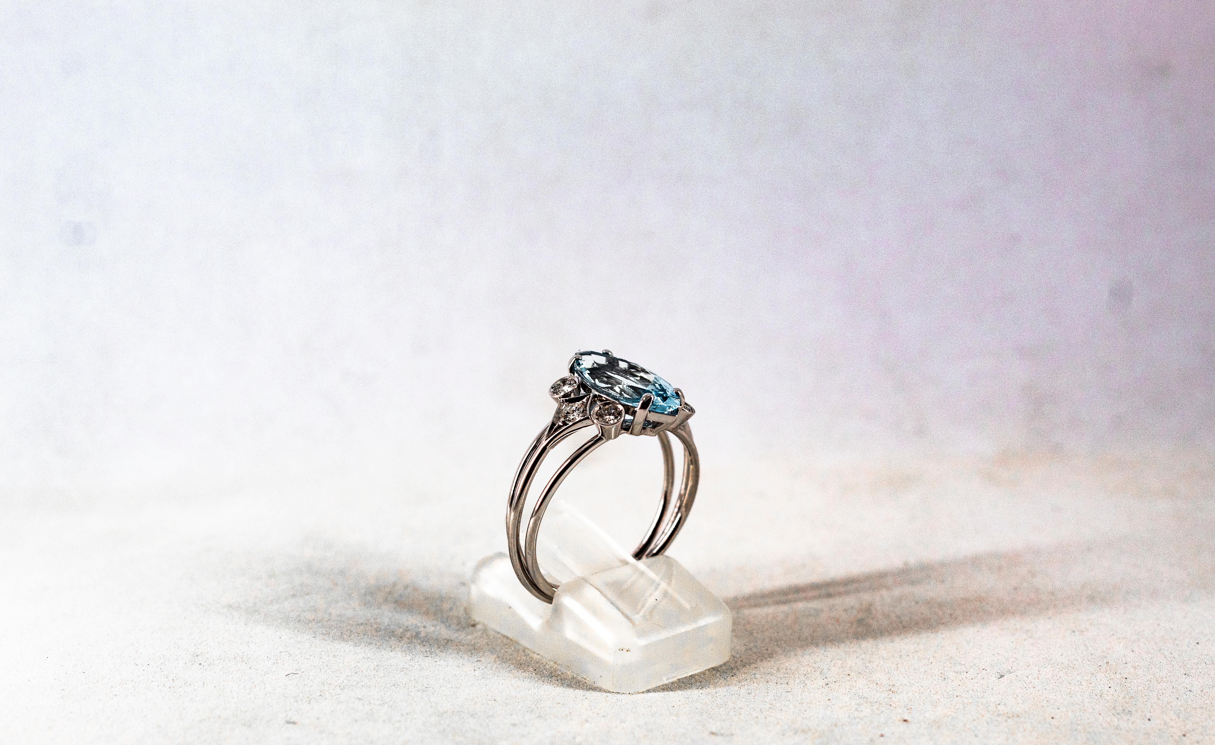 Art Deco Style Aquamarine White Brilliant Cut Diamond White Gold Cocktail Ring 5