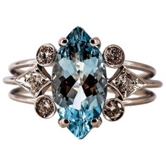 Art Deco Style Aquamarine White Brilliant Cut Diamond White Gold Cocktail Ring