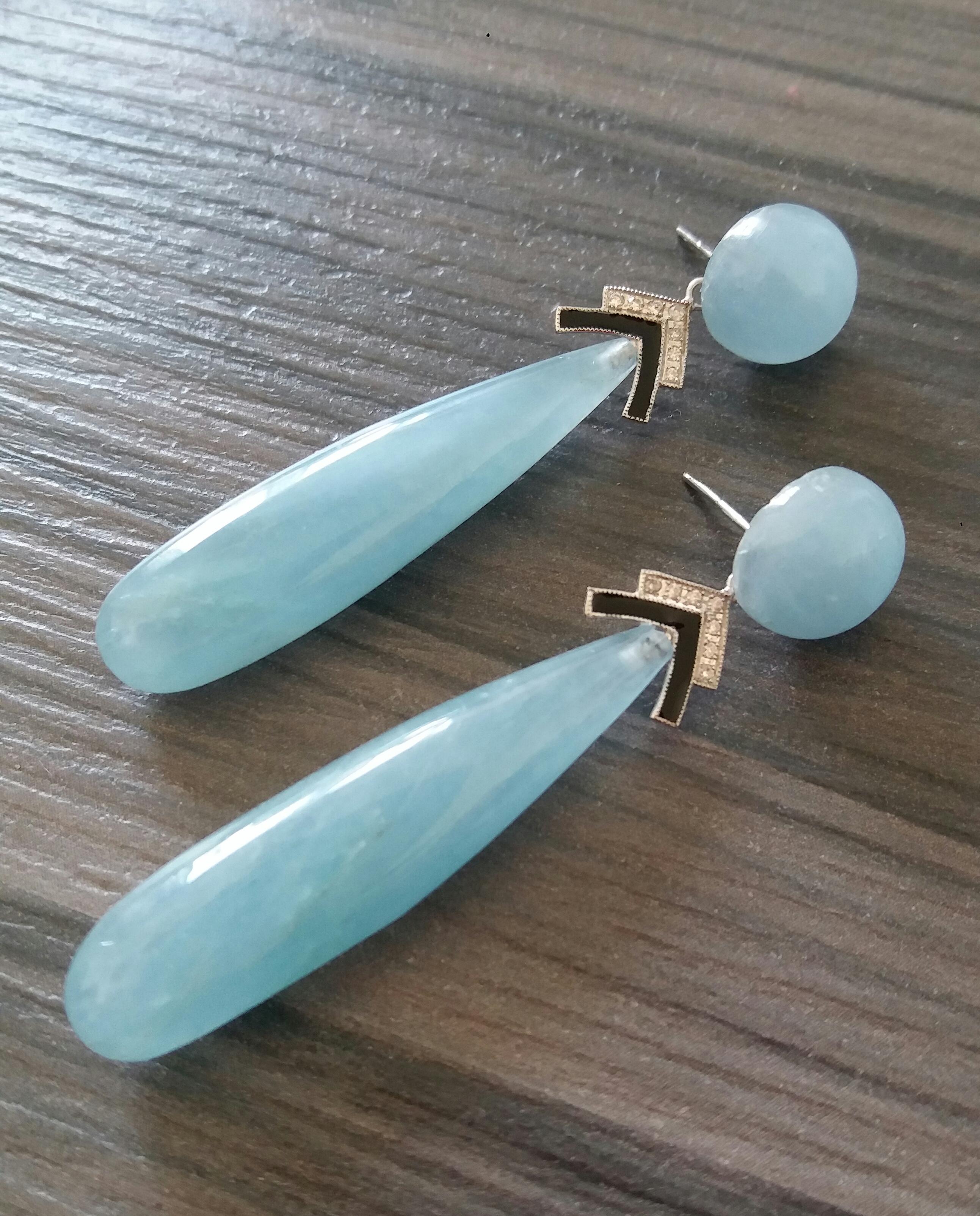 Orecchini a goccia semplici in stile Art Déco con acquamarina, oro bianco e diamanti, smalto nero in vendita 5