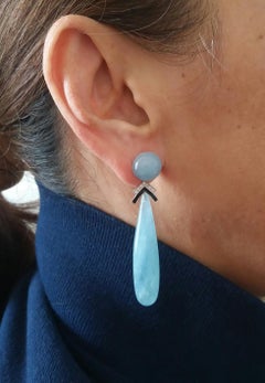 Art Deco Style Aquamarine White Gold Diamonds Black Enamel Plain Drop Earrings