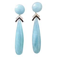 Art Deco Style Aquamarine White Gold Diamonds Black Enamel Plain Drop Earrings