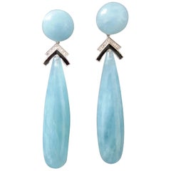 Art Deco Style Aquamarine White Gold Diamonds Black Enamel Plain Drop Earrings