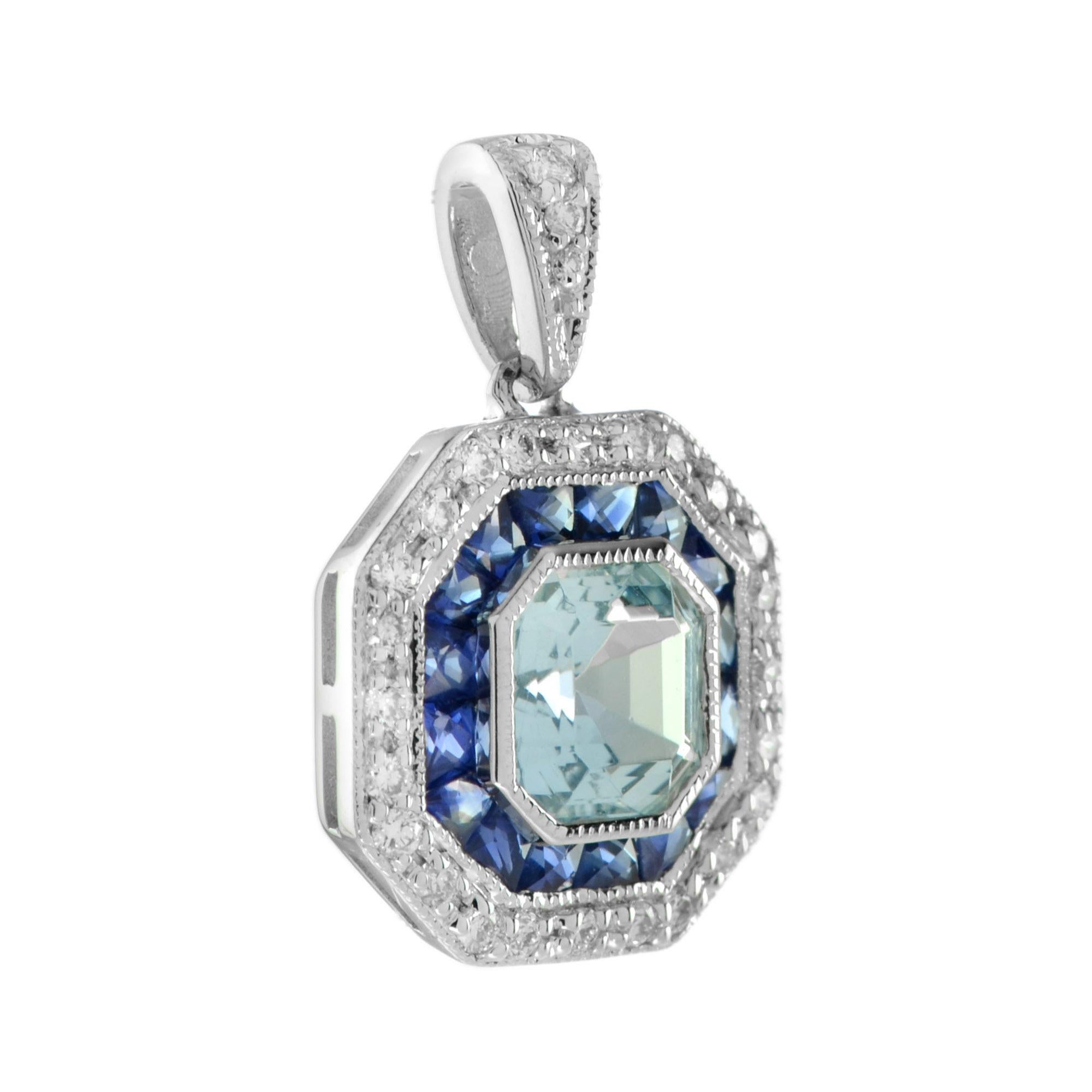 This aquamarine with sapphire and diamond pendant presents a stunning example of art deco styling and design. Emerald cut aquamarine, French cut sapphire, and round cut diamond are precisely arranged to create intricate patterns and a remarkable