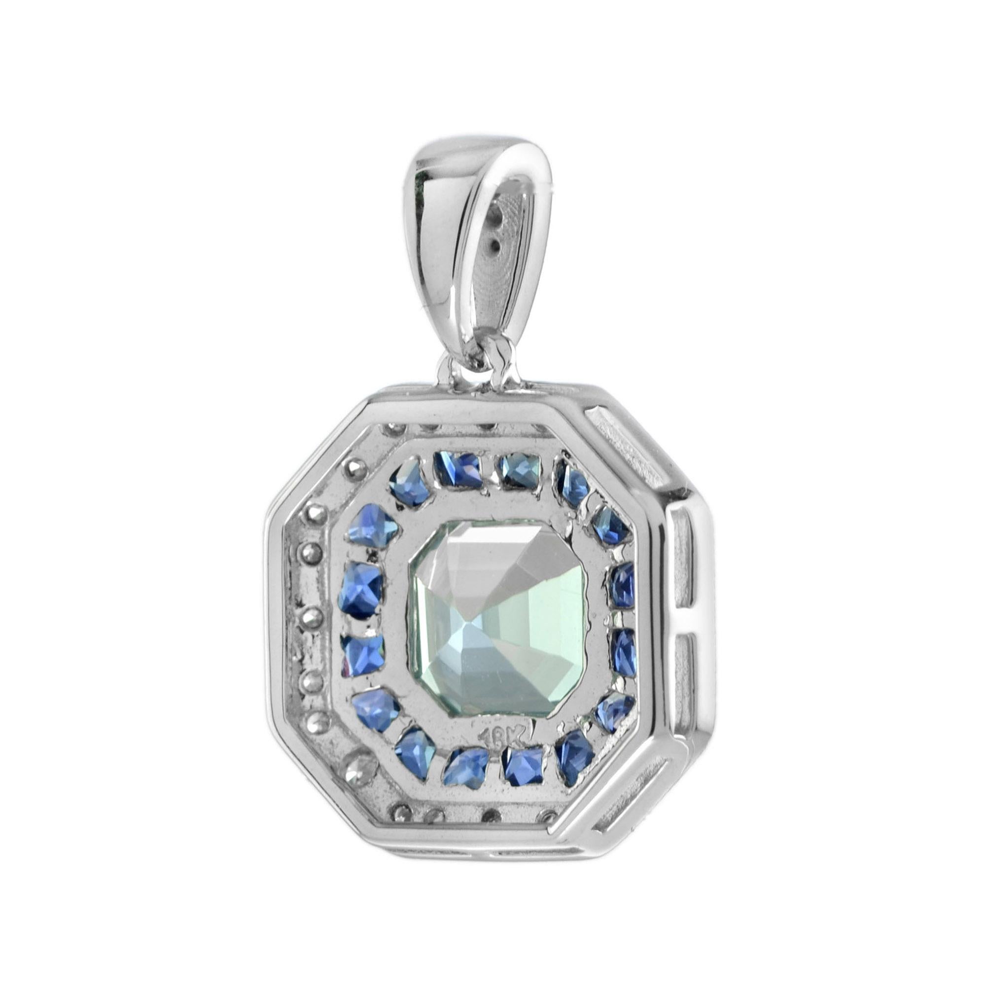 Emerald Cut Art Deco Style Aquamarine with Sapphire and Diamond Halo Pendant in 14K Gold For Sale