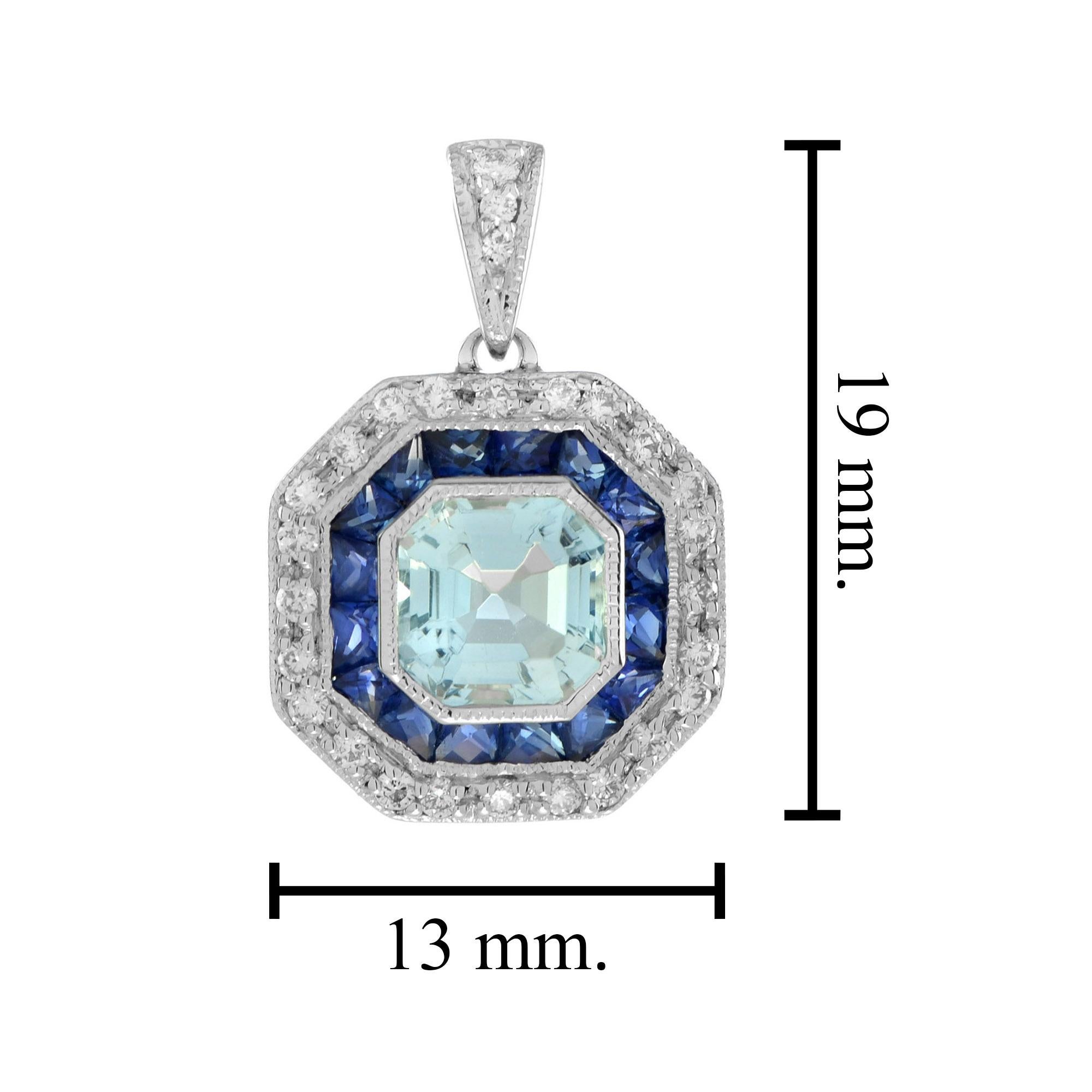 Art Deco Style Aquamarine with Sapphire and Diamond Halo Pendant in 14K Gold In New Condition For Sale In Bangkok, TH
