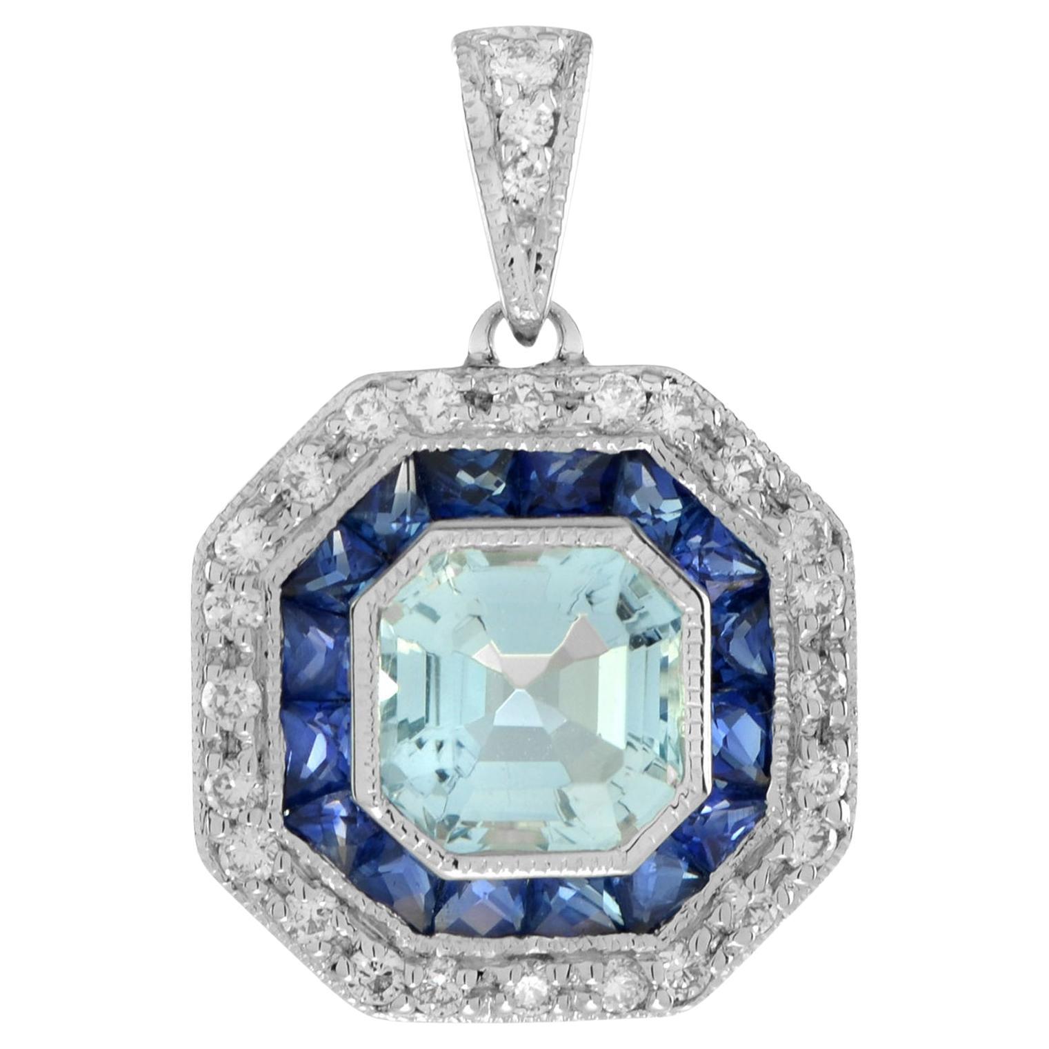 Art Deco Style Aquamarine with Sapphire and Diamond Halo Pendant in 14K Gold For Sale