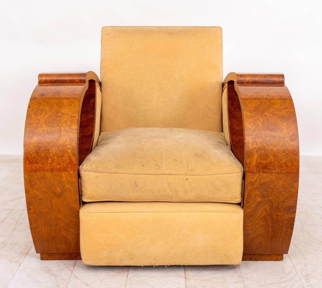 Art Deco ash burl wood cloud arm chair, with upholstered back and seats. 30