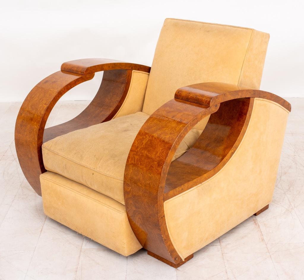 20th Century Art Deco Style Ash Burl Upholstered Armchair