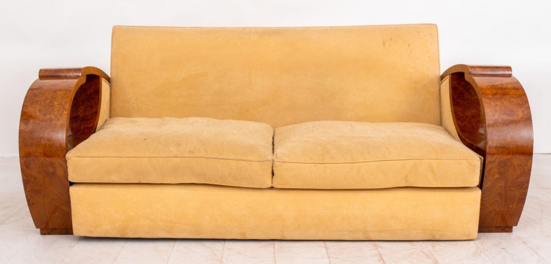 Art Deco style ash burl wood cloud armed sofa with upholstered back and seat with two drop in cushions. 30