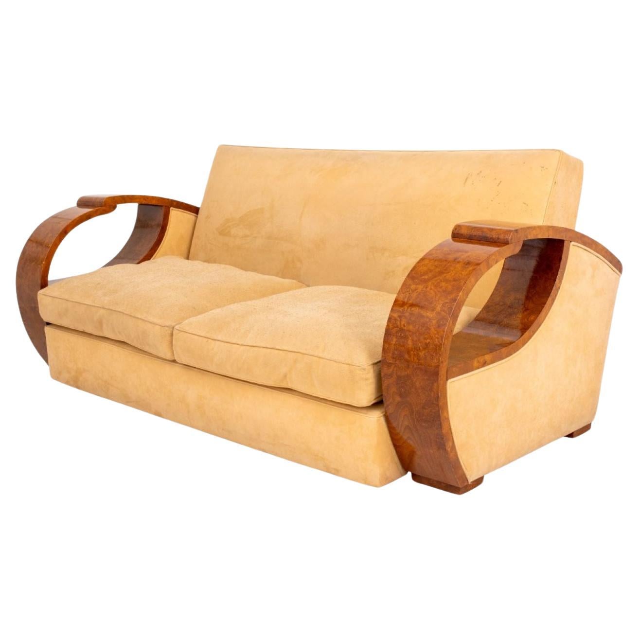 Art Deco Style Ash Burl Upholstered Sofa