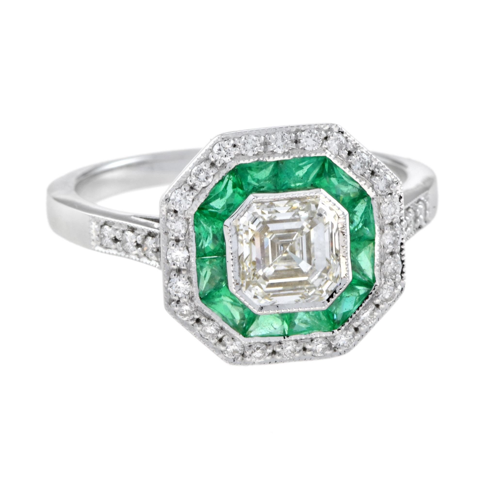 Women's Art Deco Style Asscher Cut Diamond and Emerald Engagement Ring in 18K White Gold For Sale