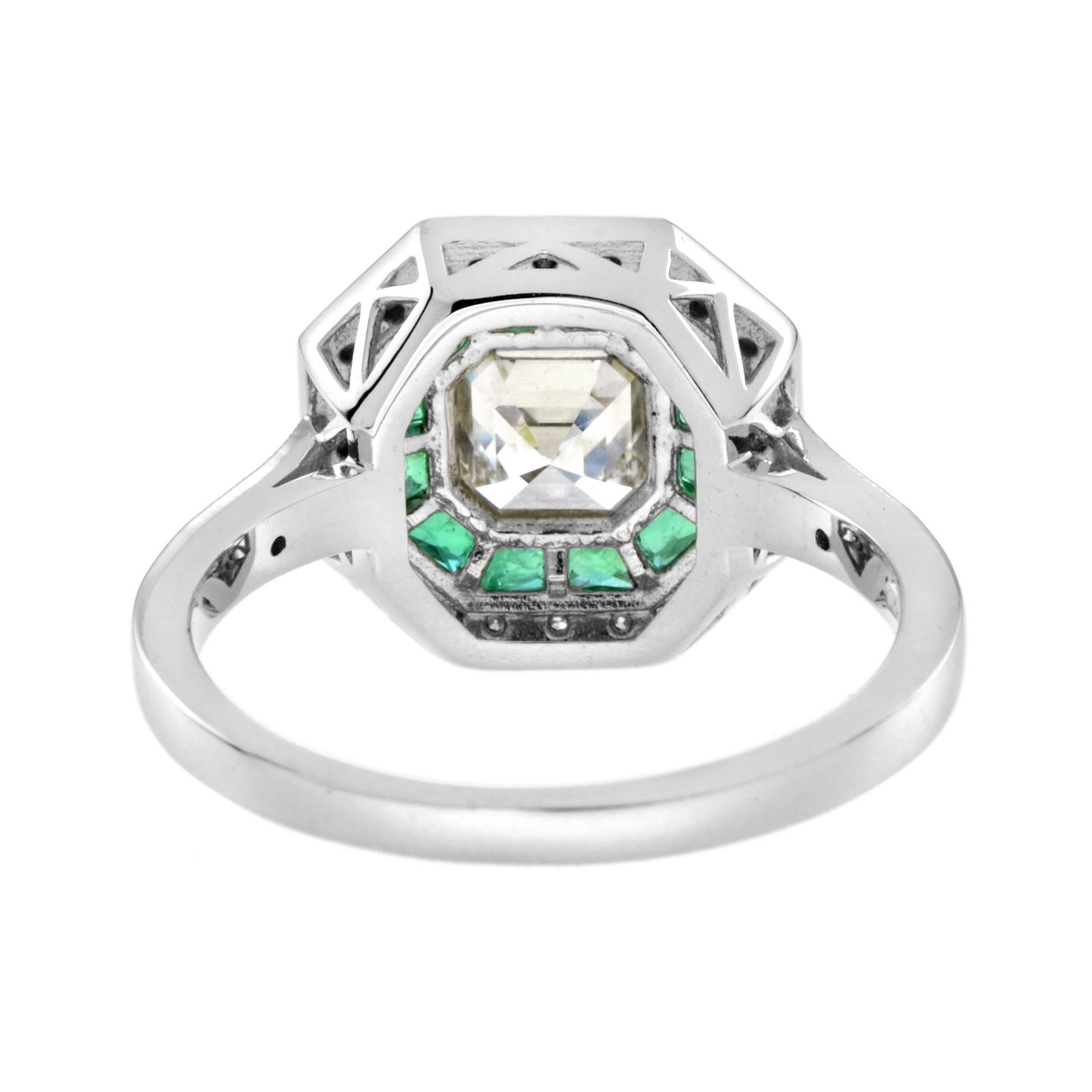 Art Deco Style Asscher Cut Diamond and Emerald Engagement Ring in 18K White Gold For Sale 2