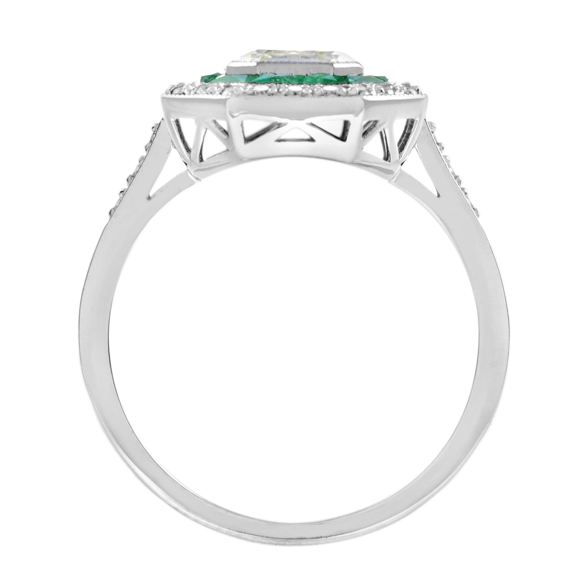 Art Deco Style Asscher Cut Diamond and Emerald Engagement Ring in 18K White Gold For Sale 3