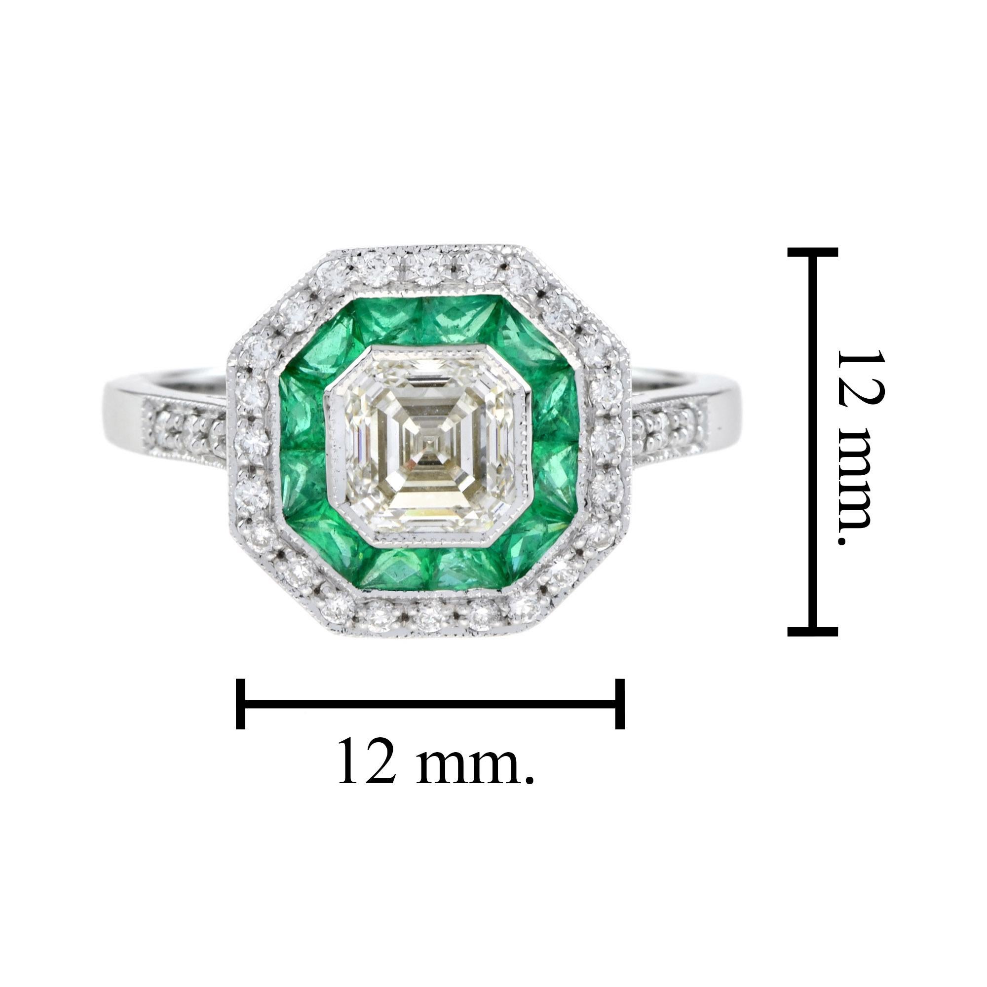 Art Deco Style Asscher Cut Diamond and Emerald Engagement Ring in 18K White Gold For Sale 4