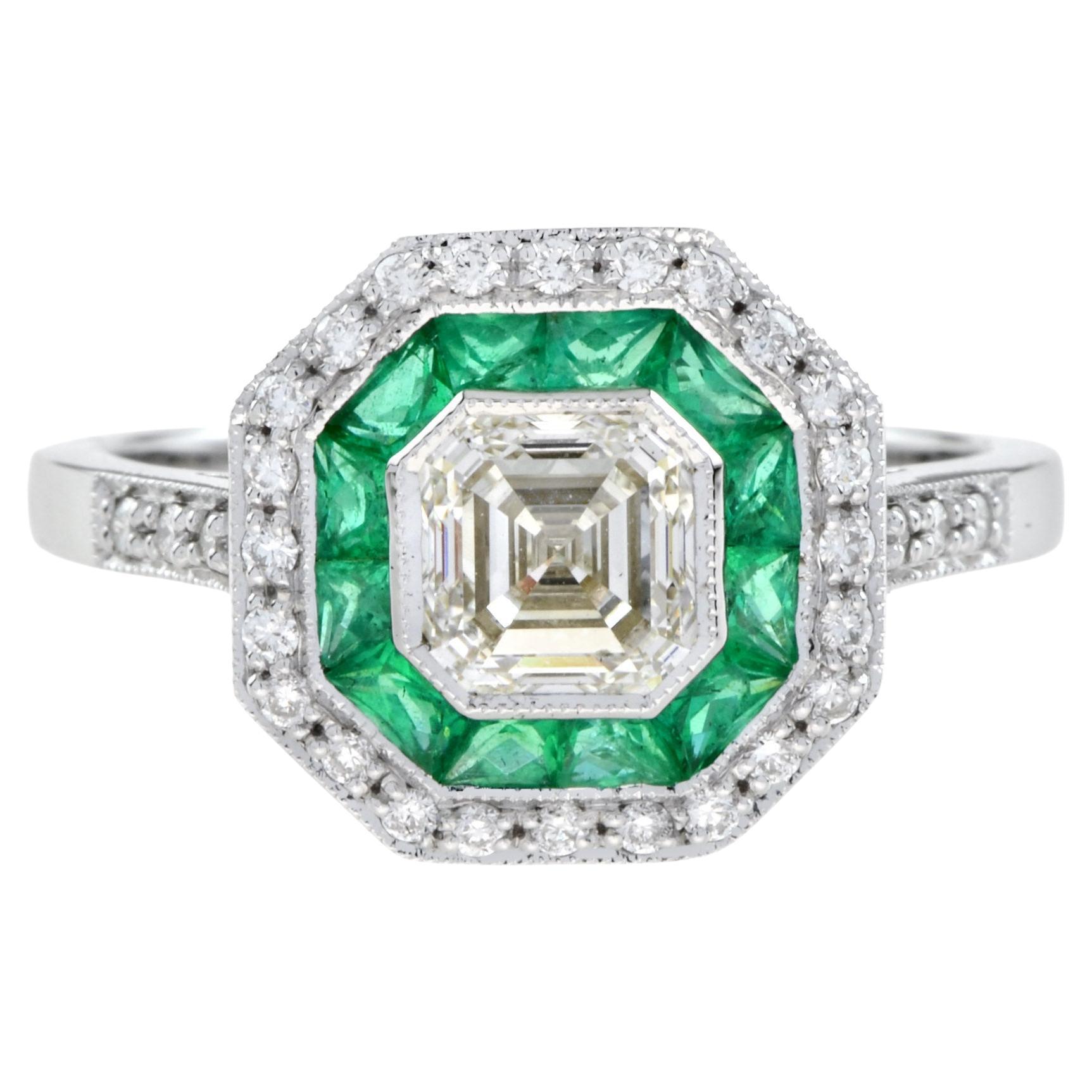 Art Deco Style Asscher Cut Diamond and Emerald Engagement Ring in 18K White Gold For Sale