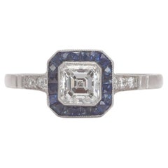 Art Deco Style Asscher Cut Diamond and Sapphire Halo Engagement Ring