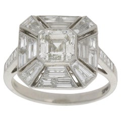 Art Deco Style Asscher Cut Diamond Cluster Engagement Ring Set in Platinum