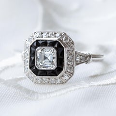 Art Deco Style Asscher Cut Diamond, Onyx and Diamond Target Ring in Platinum