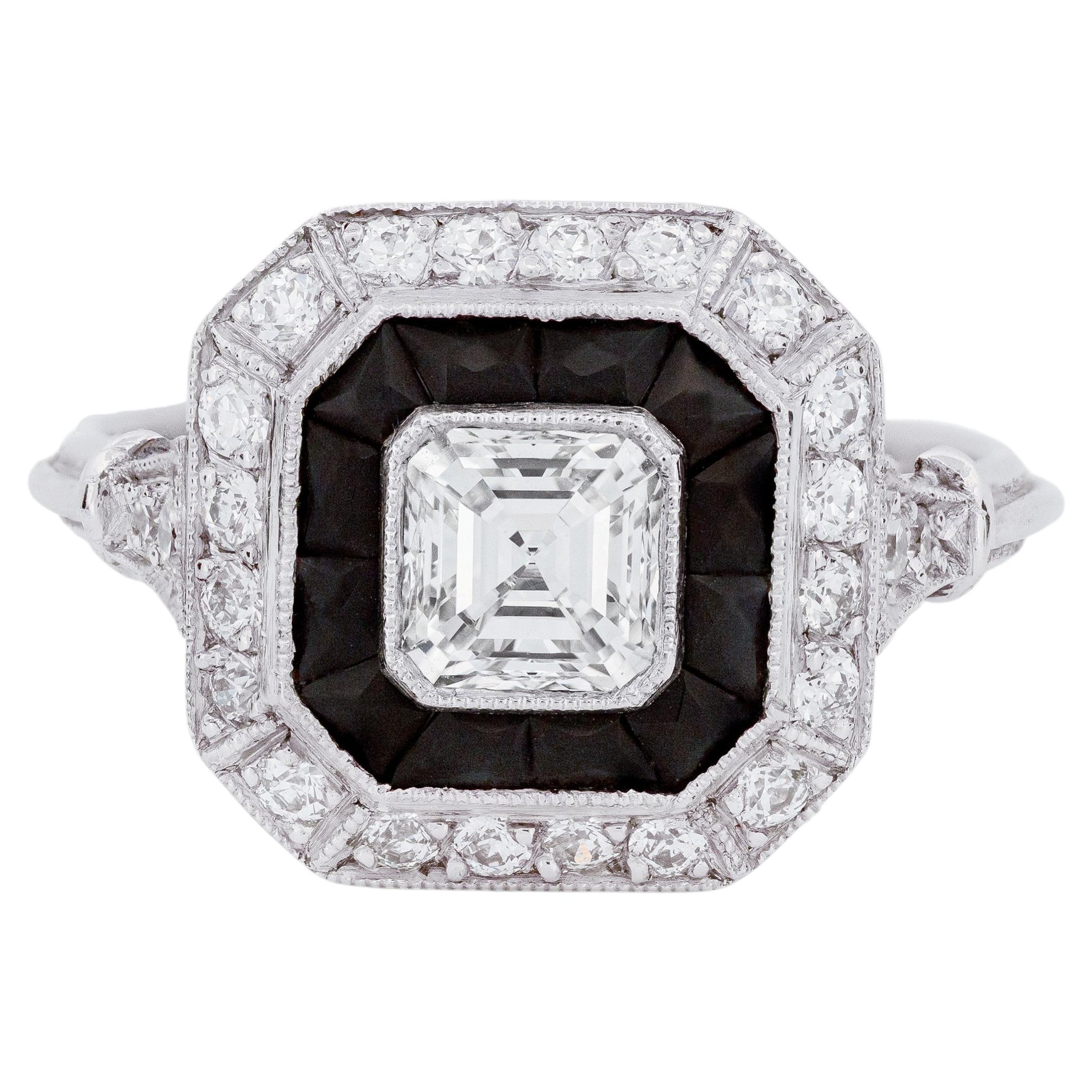 Art Deco Style Asscher Cut Diamond, Onyx and Diamond Target Ring in Platinum For Sale