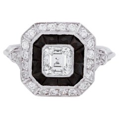 Art Deco Style Asscher Cut Diamond, Onyx and Diamond Target Ring in Platinum