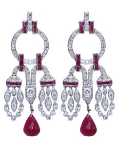 Vintage Art Deco Style Baguette Briolet Rubies Diamonds Chandelier Earrings, 1970