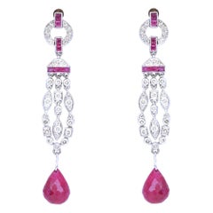 Vintage Art Deco Style Baguette Briolet Rubies Diamonds Earrings, 1970