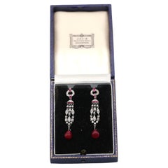 Art Deco Style Baguette Briolet Rubies Diamonds Earrings Box, 1970