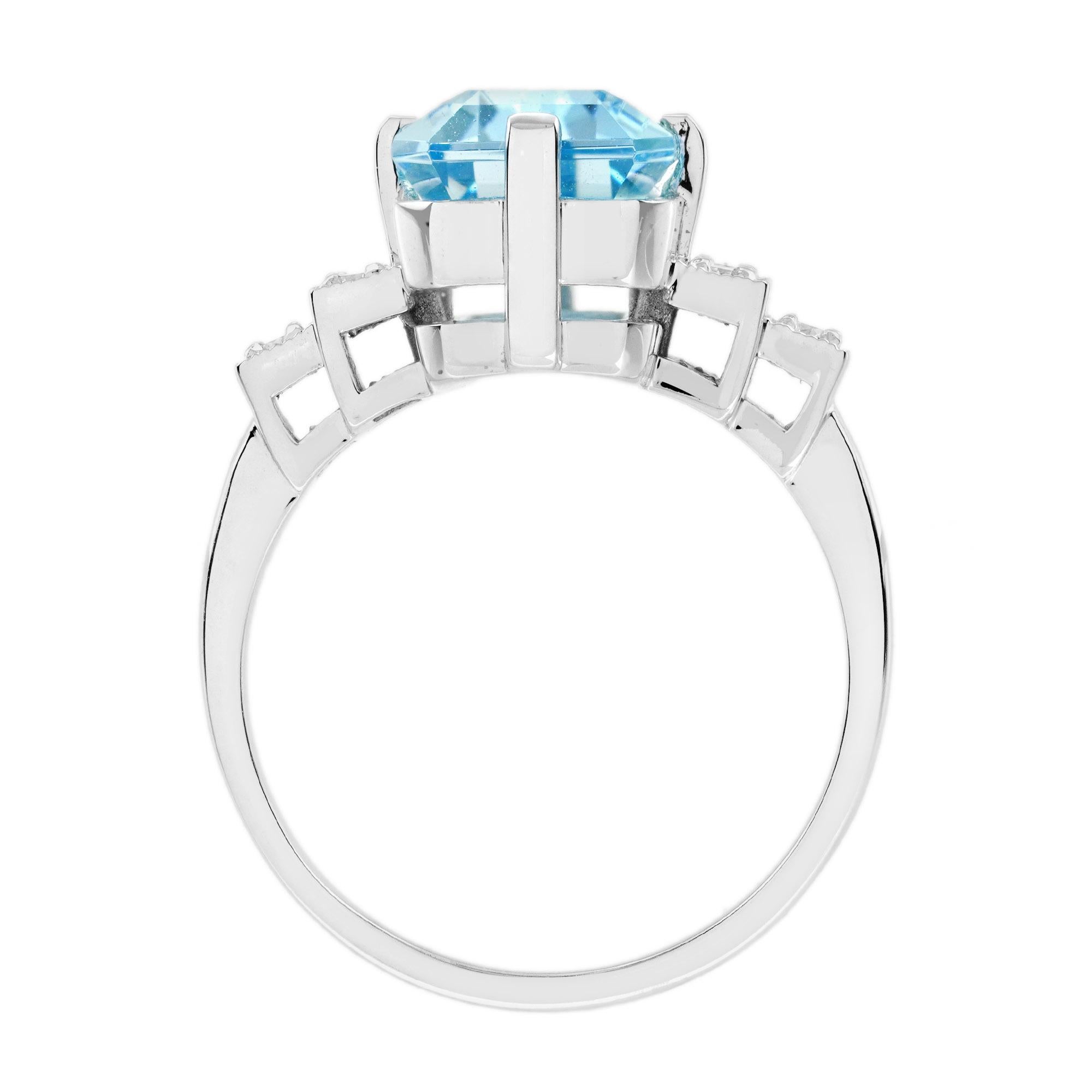 Anillo de cóctel de diamantes topacio azul talla baguette estilo art déco en oro blanco de 9 quilates en venta 4