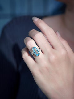 Art Deco Style Baguette Cut Blue Topaz Diamond Cocktail Ring in 9K White Gold