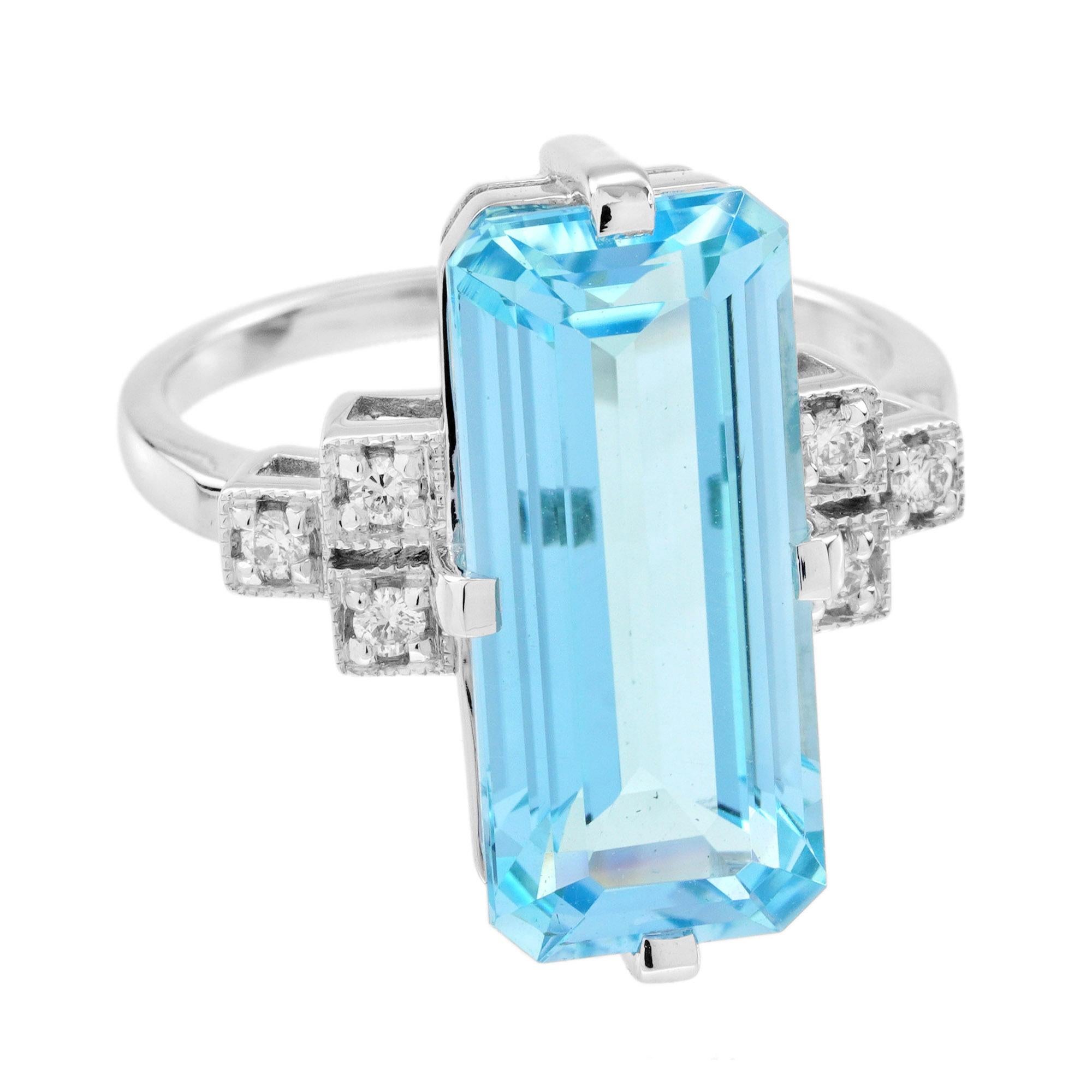 Anillo de cóctel de diamantes topacio azul talla baguette estilo art déco en oro blanco de 9 quilates en venta 1
