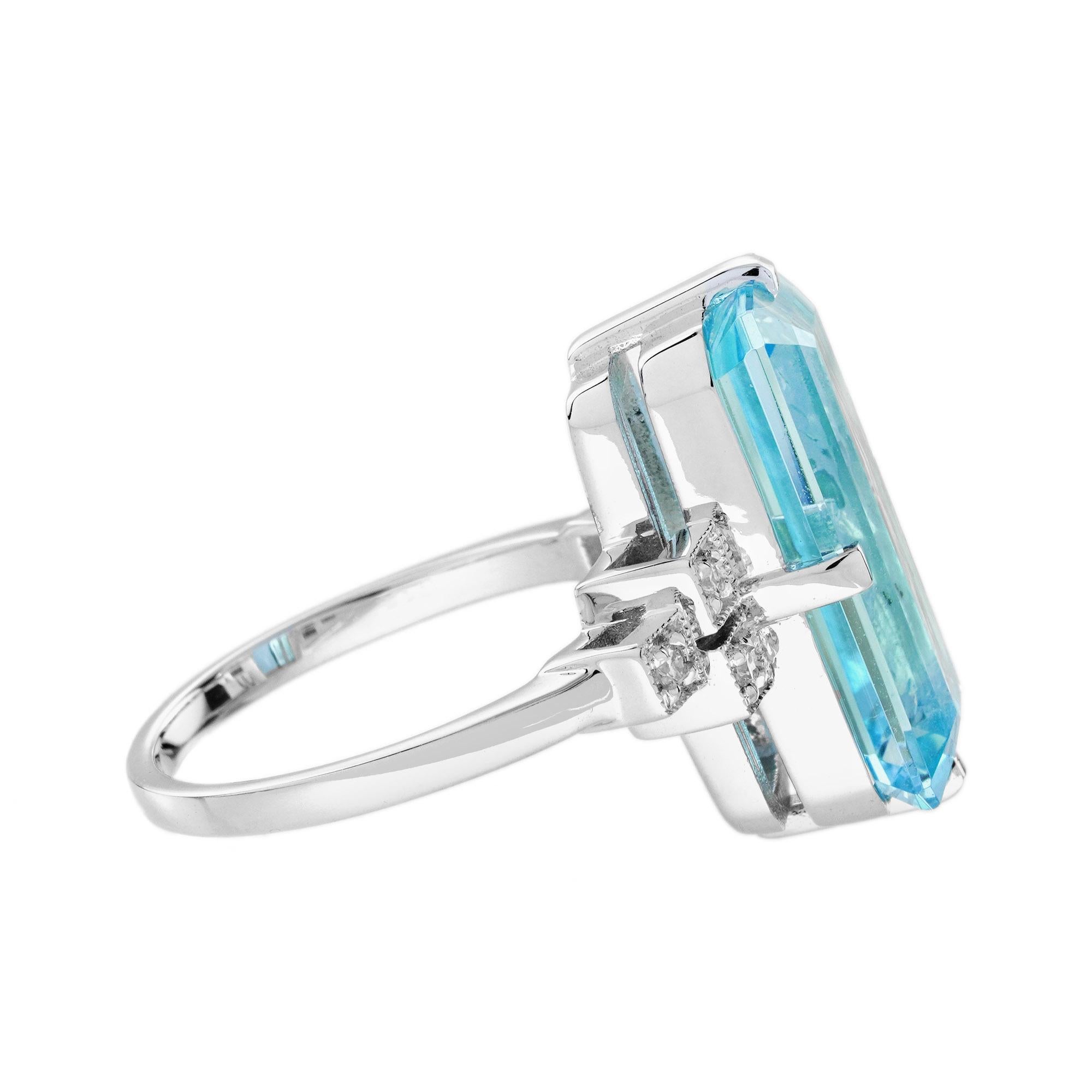 Anillo de cóctel de diamantes topacio azul talla baguette estilo art déco en oro blanco de 9 quilates en venta 2