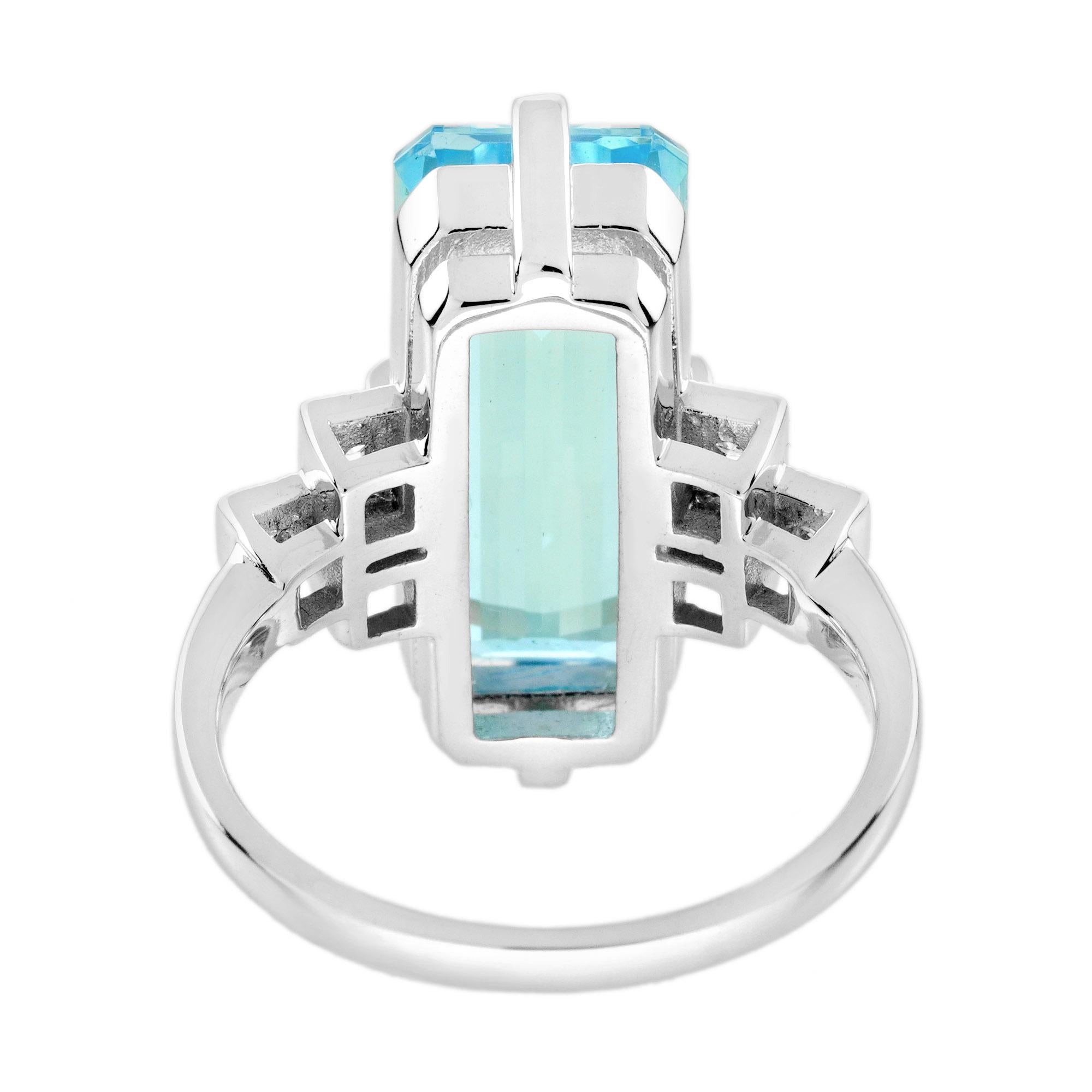 Anillo de cóctel de diamantes topacio azul talla baguette estilo art déco en oro blanco de 9 quilates en venta 3