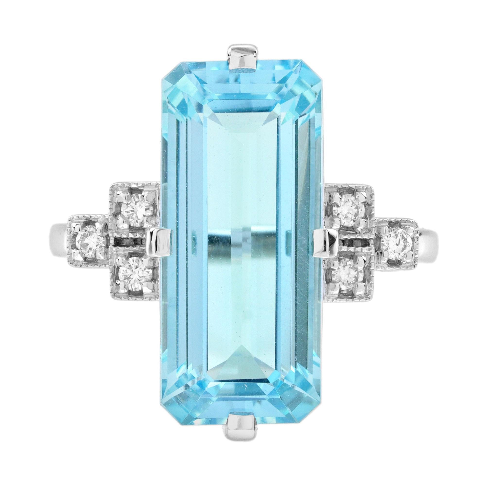 Art Deco Style Baguette Cut Blue Topaz Diamond Cocktail Ring in 9K White Gold