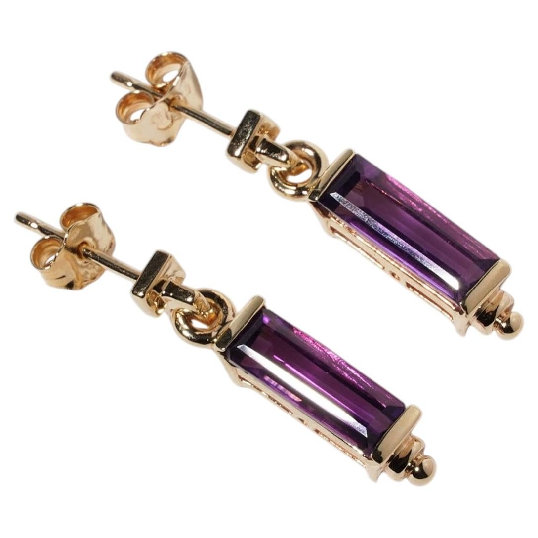 Art Deco Style Baguette Cut Purple Amethyst 9ct Gold Drop Earrings Bezel Set
