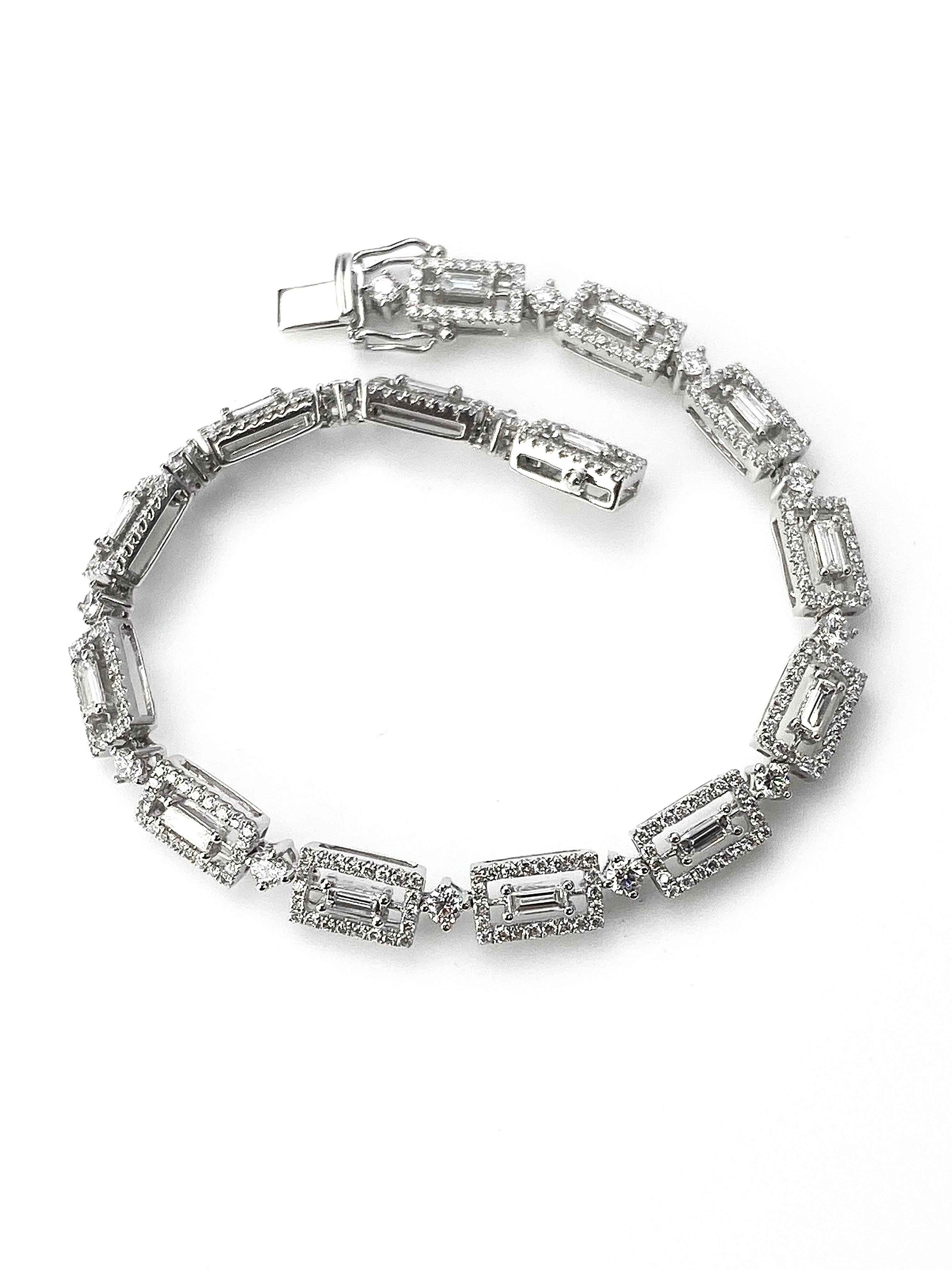 Baguette Cut Art Deco Style Baguette Diamond White Gold Bracelet with Round Diamond Details For Sale