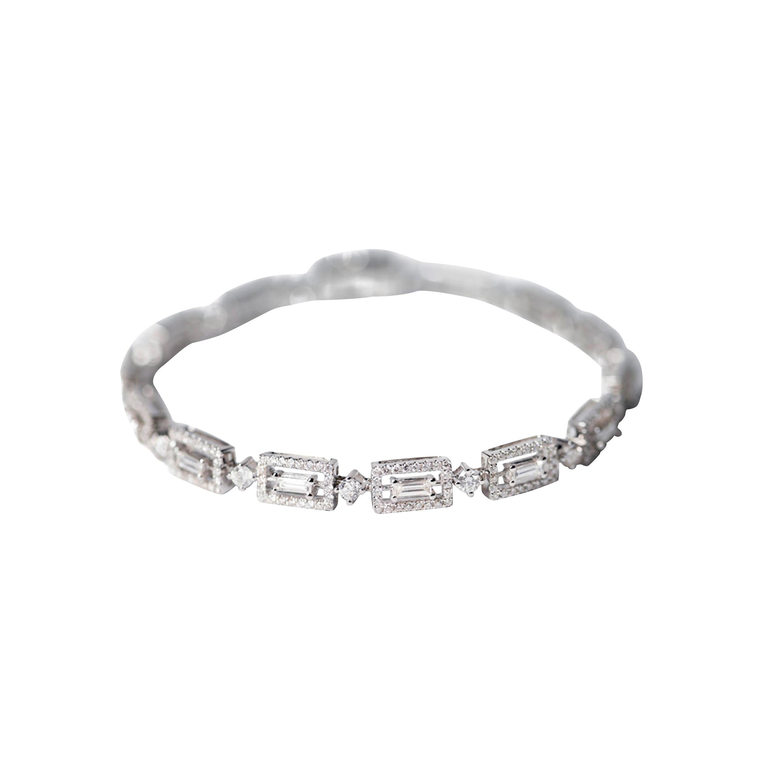 Art Deco Style Baguette Diamond White Gold Bracelet with Round Diamond Details For Sale