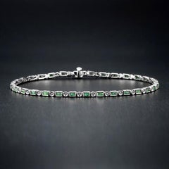 Art Deco Style  Baguette Emerald & Round Diamond Tennis Line White Gold Bracelet