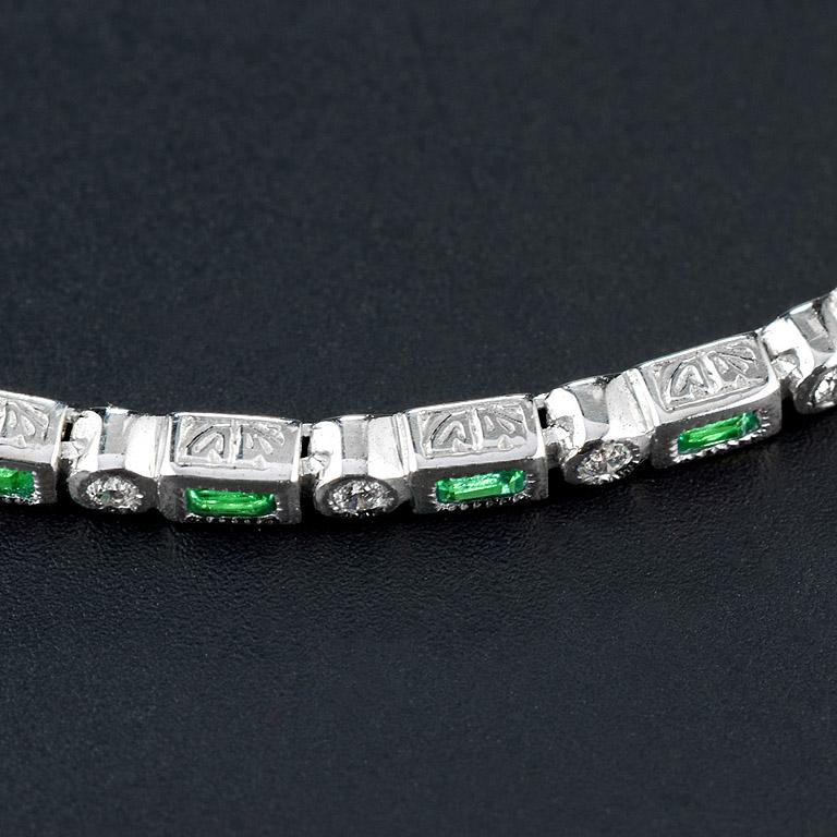 Estilo Art Déco  Esmeralda Baguette y Diamante Redondo Tenis Línea Pulsera Oro Blanco Corte baguette en venta