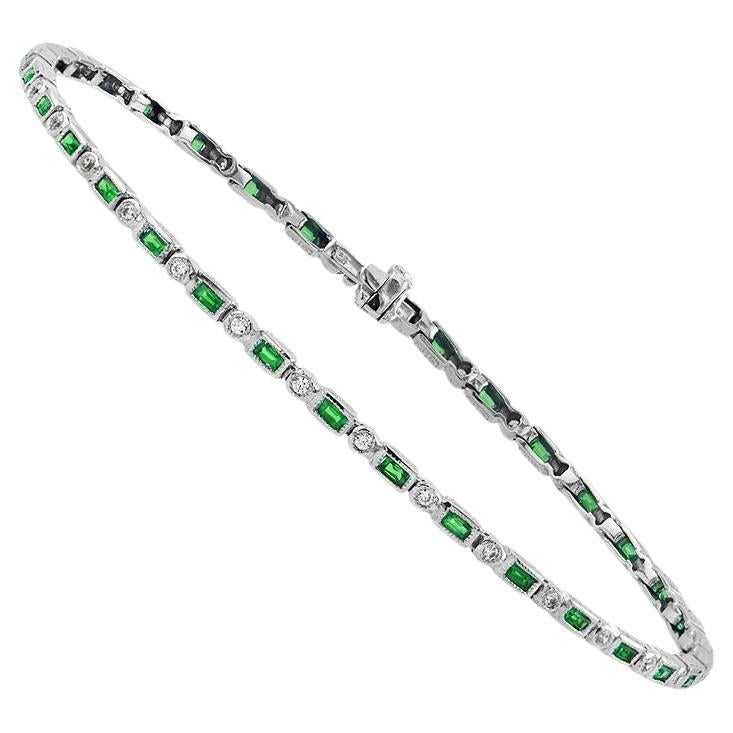Art Deco Style  Baguette Emerald & Round Diamond Tennis Line White Gold Bracelet