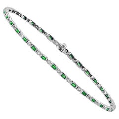 Art Deco Style  Baguette Emerald & Round Diamond Tennis Line White Gold Bracelet