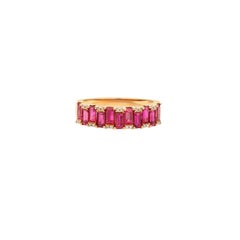 Art Deco Style Baguette Ruby Half Eternity Band with Diamond Trim in Yellow Gold