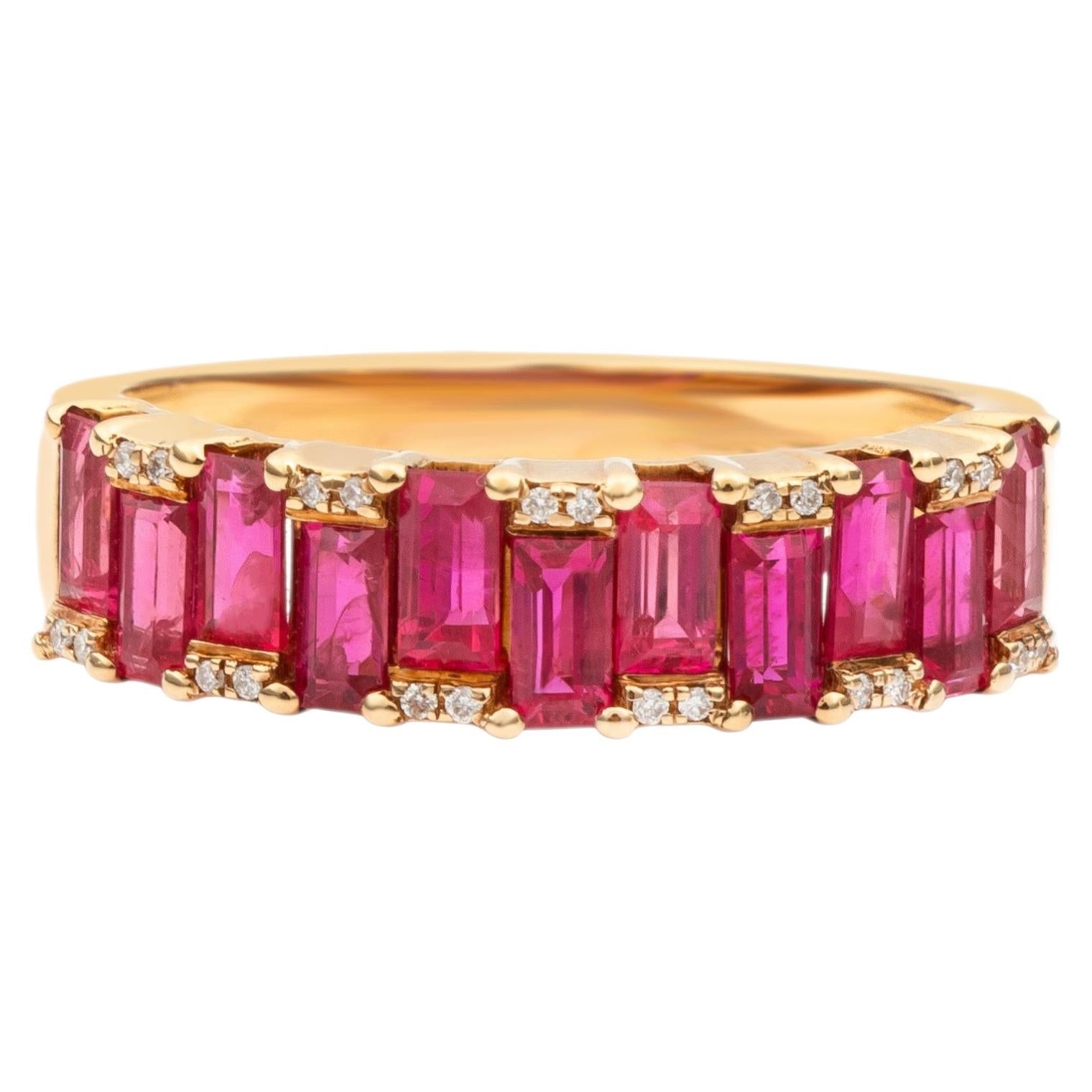 Art Deco Style Baguette Ruby Half Eternity Band with Diamond Trim in Yellow Gold For Sale