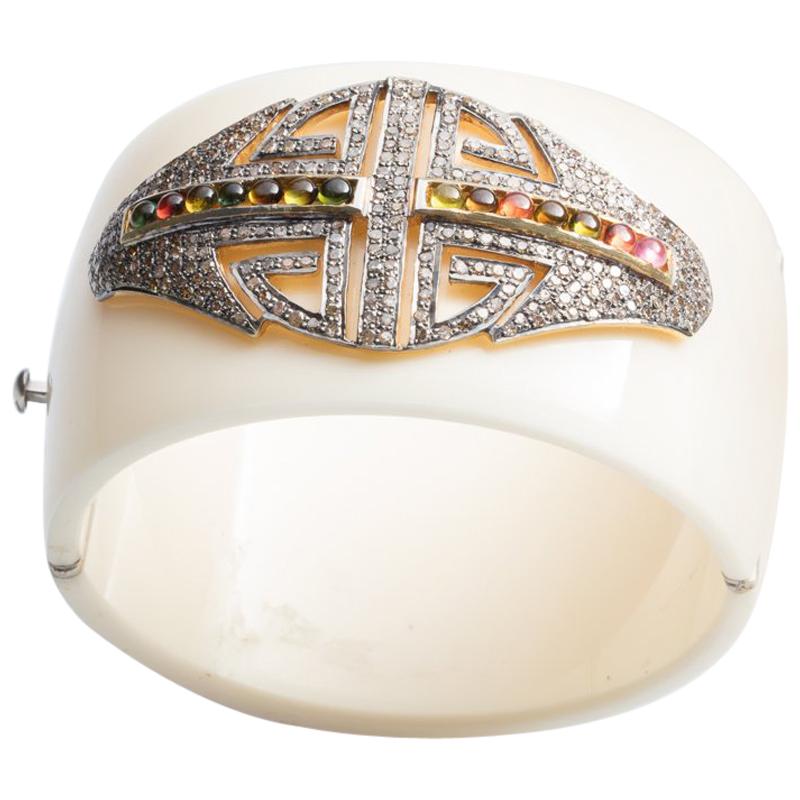 Art Deco Style Bakelite Cuff with Diamonds and Tourmaline