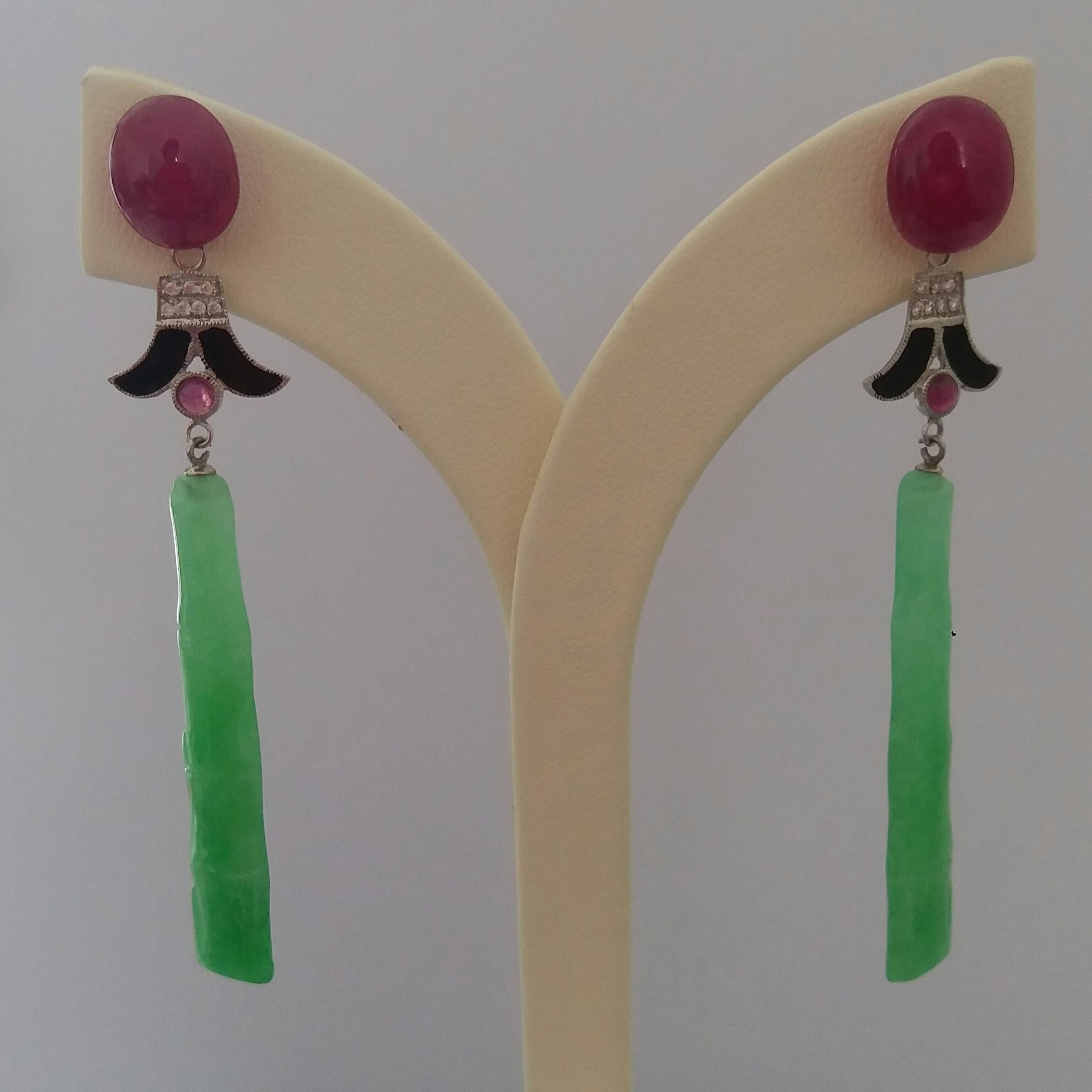 Mixed Cut Art Deco Style Bamboo Shaped Jade Gold Diamonds Ruby Cabs Black Enamel Earrings For Sale