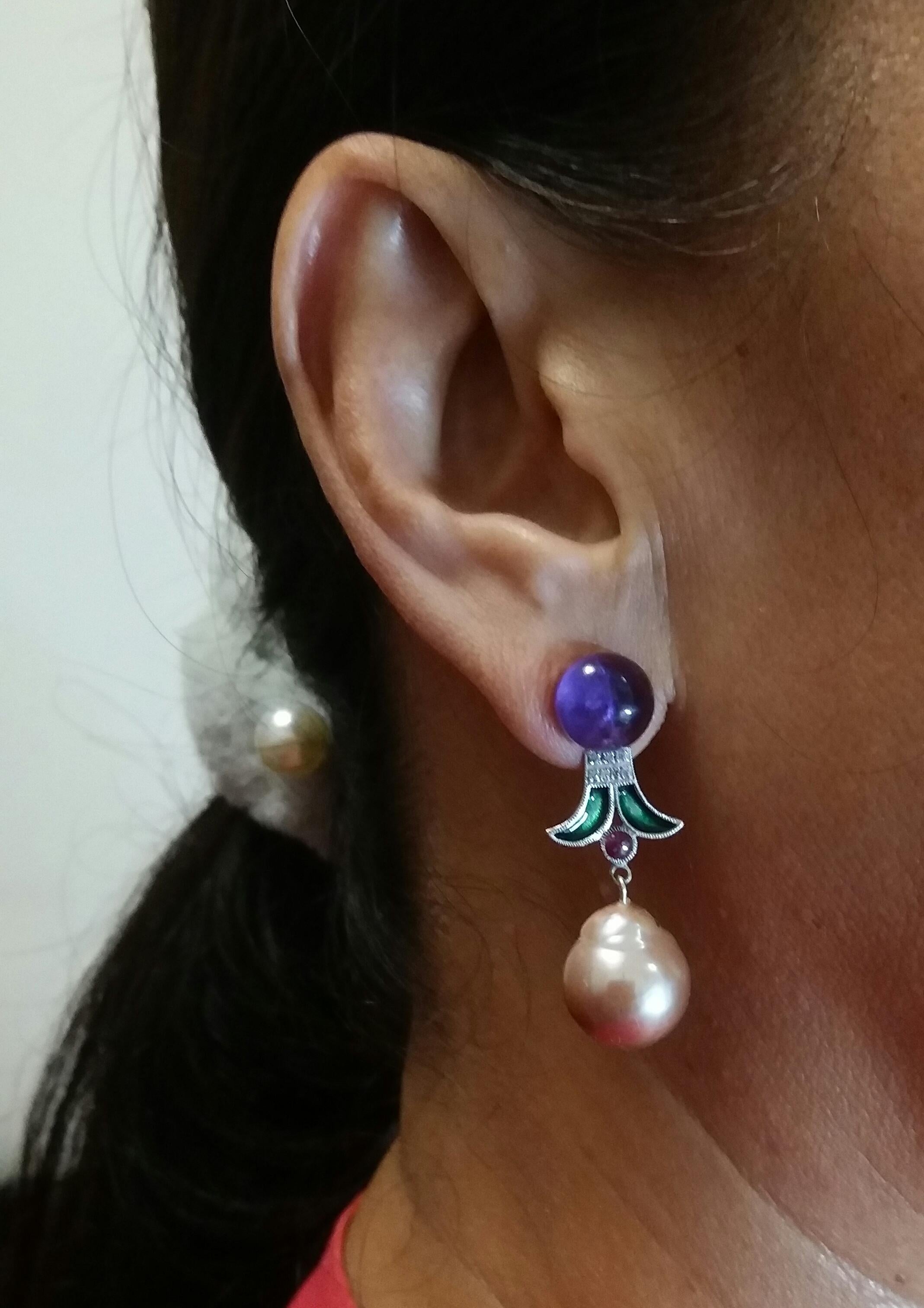 Art Deco Style Baroque Pearls Amethyst Ruby Diamonds Gold Green Enamel Earrings For Sale 5
