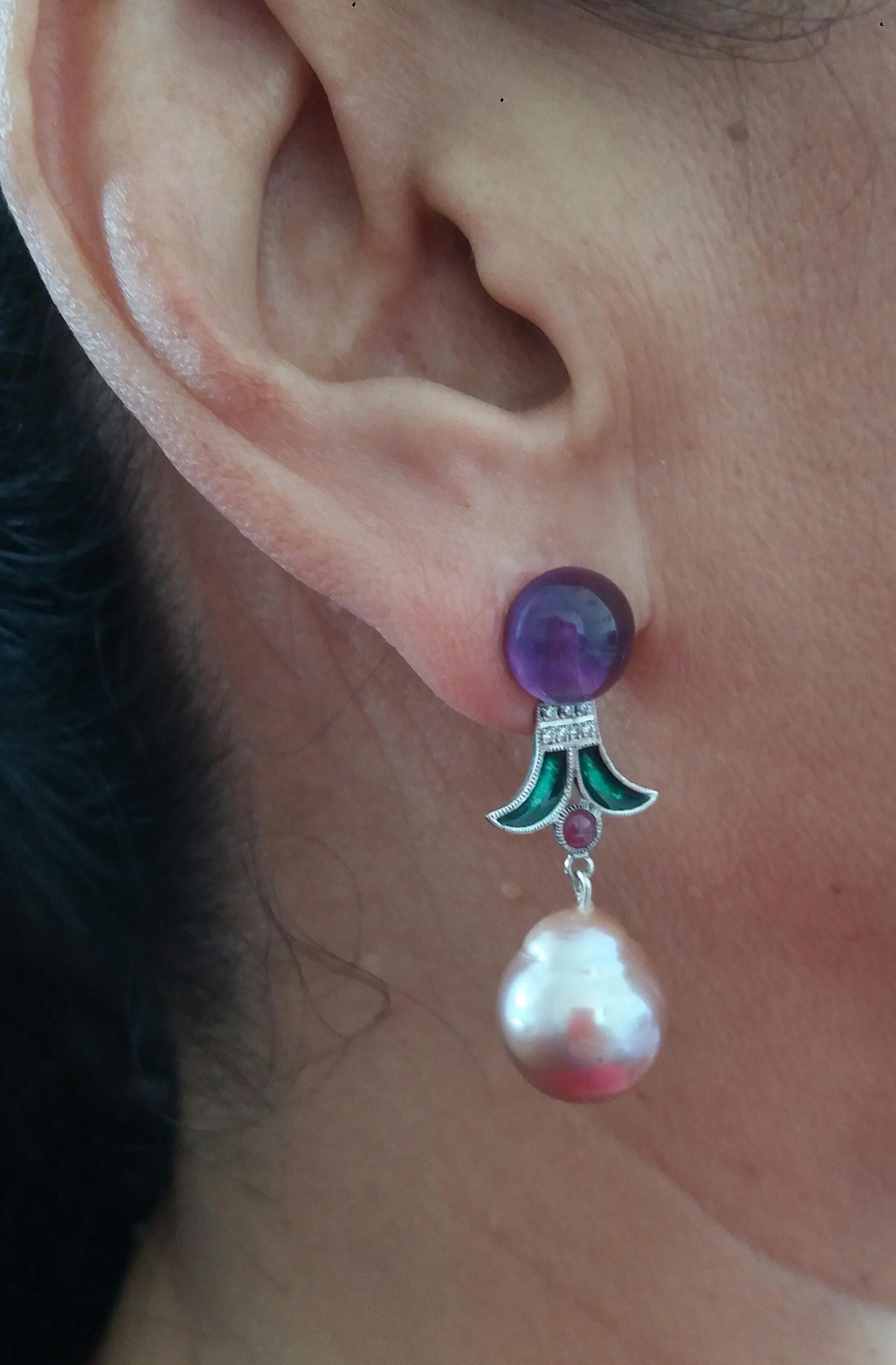 Art Deco Style Baroque Pearls Amethyst Ruby Diamonds Gold Green Enamel Earrings For Sale 7