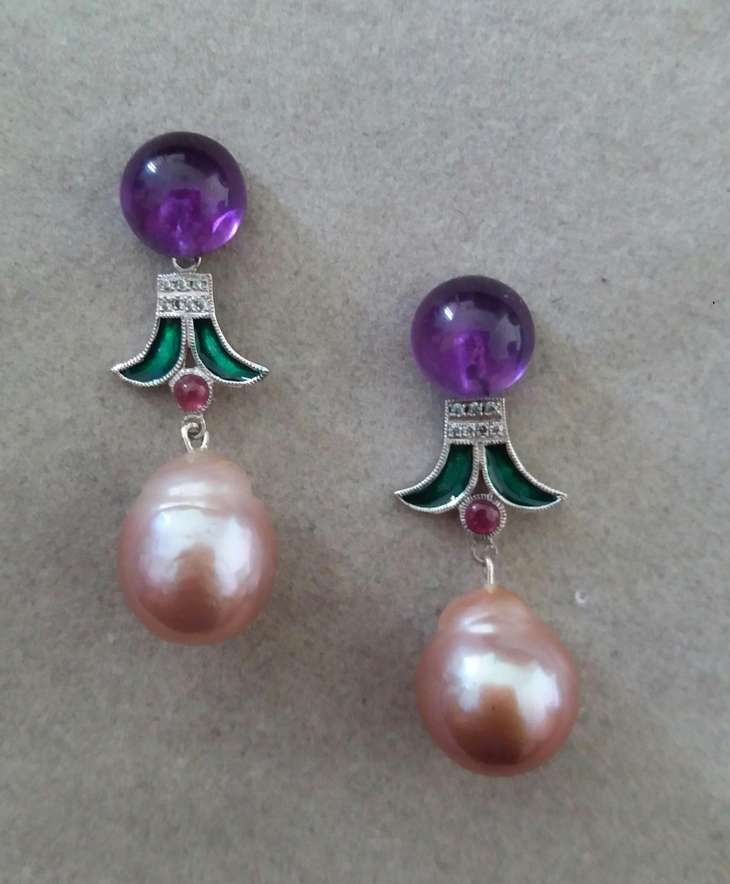 Art Deco Style Baroque Pearls Amethyst Ruby Diamonds Gold Green Enamel Earrings For Sale 9