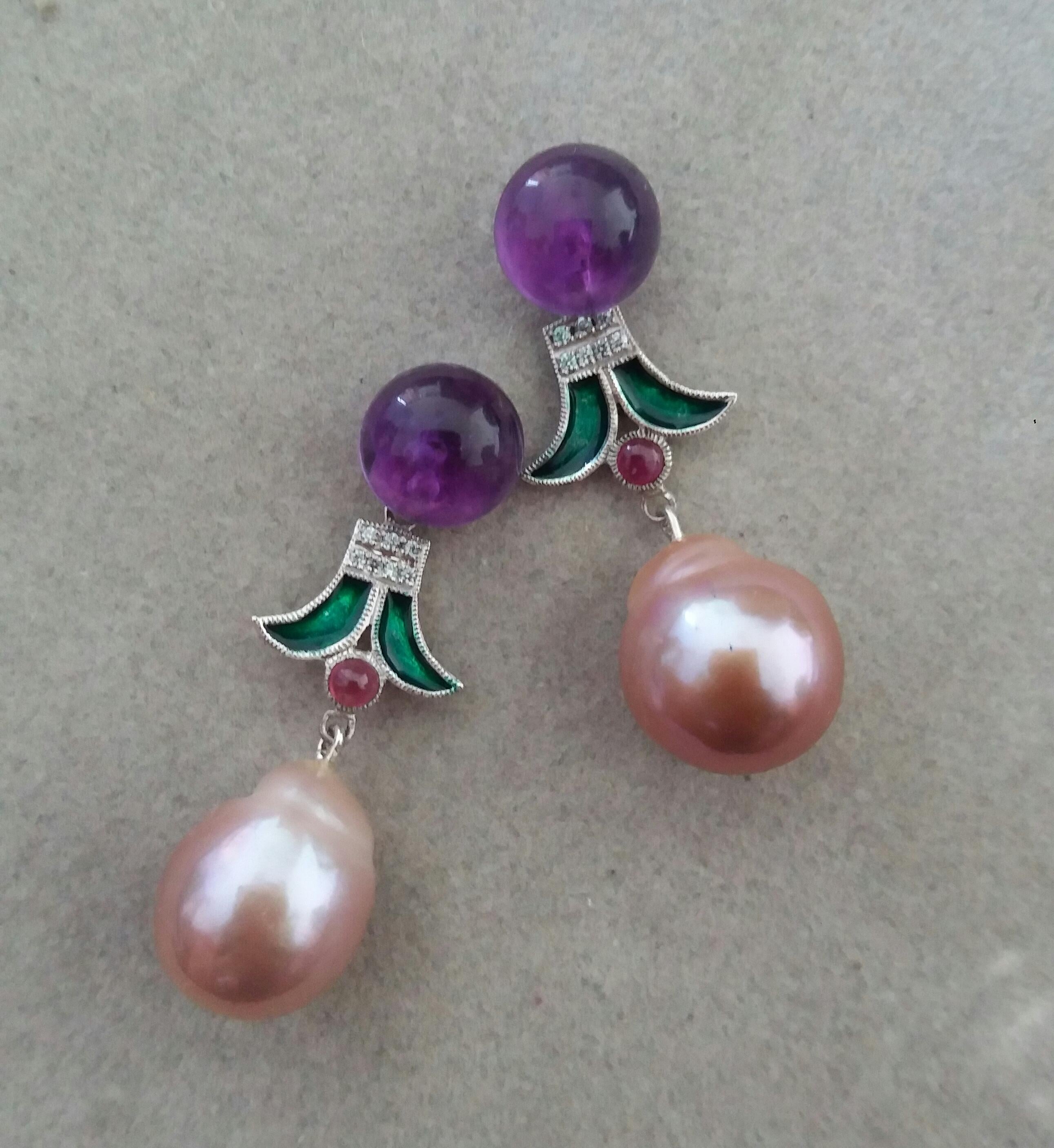 Art Deco Style Baroque Pearls Amethyst Ruby Diamonds Gold Green Enamel Earrings For Sale 10